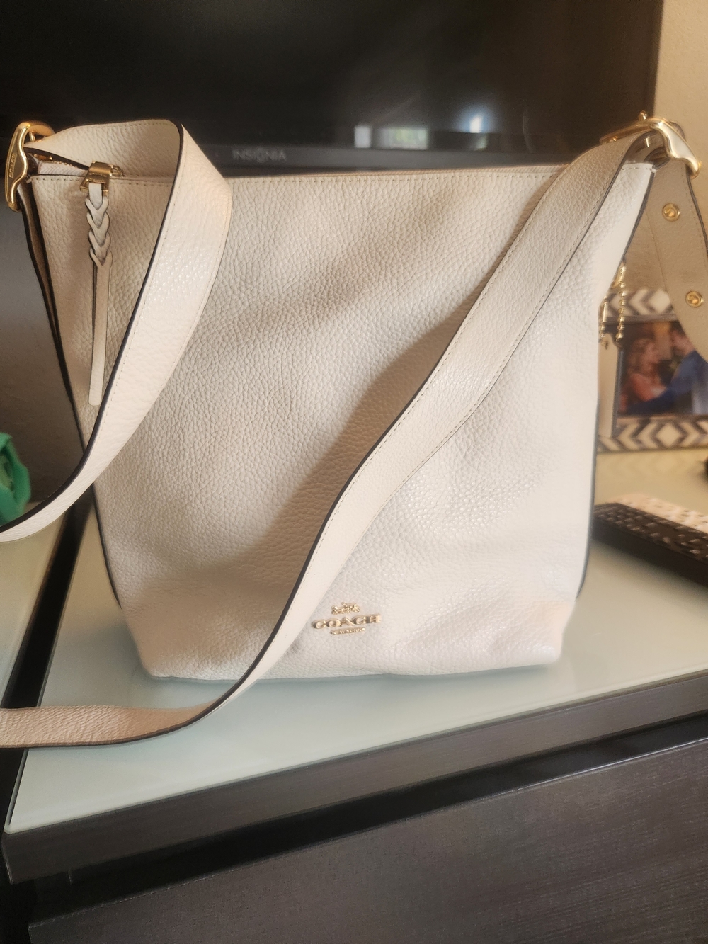 Coach Cream Pebbled Leather Shoulder Bag with Gold Hardware